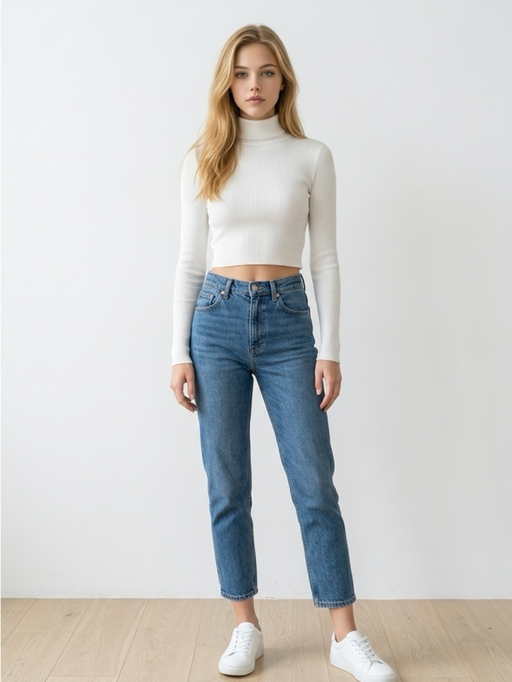 American Eagle White Waffle Knit Cropped Turtleneck Top Medium Stretch